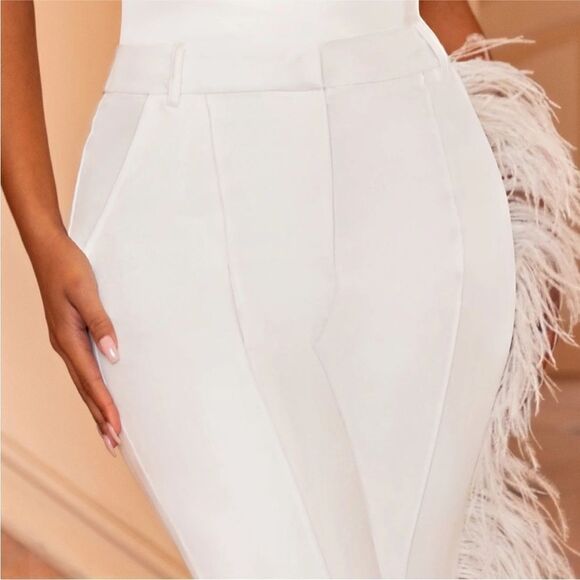 Club L London Count Me In White Tailored Feather Trim Trousers Sz 2 NWT - Picture 5 of 14